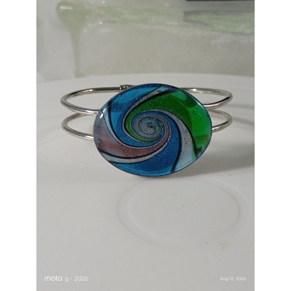 Silver Wire Bangle Bracelet Blue Swirl Art Glass Teal Purple Glass Charm